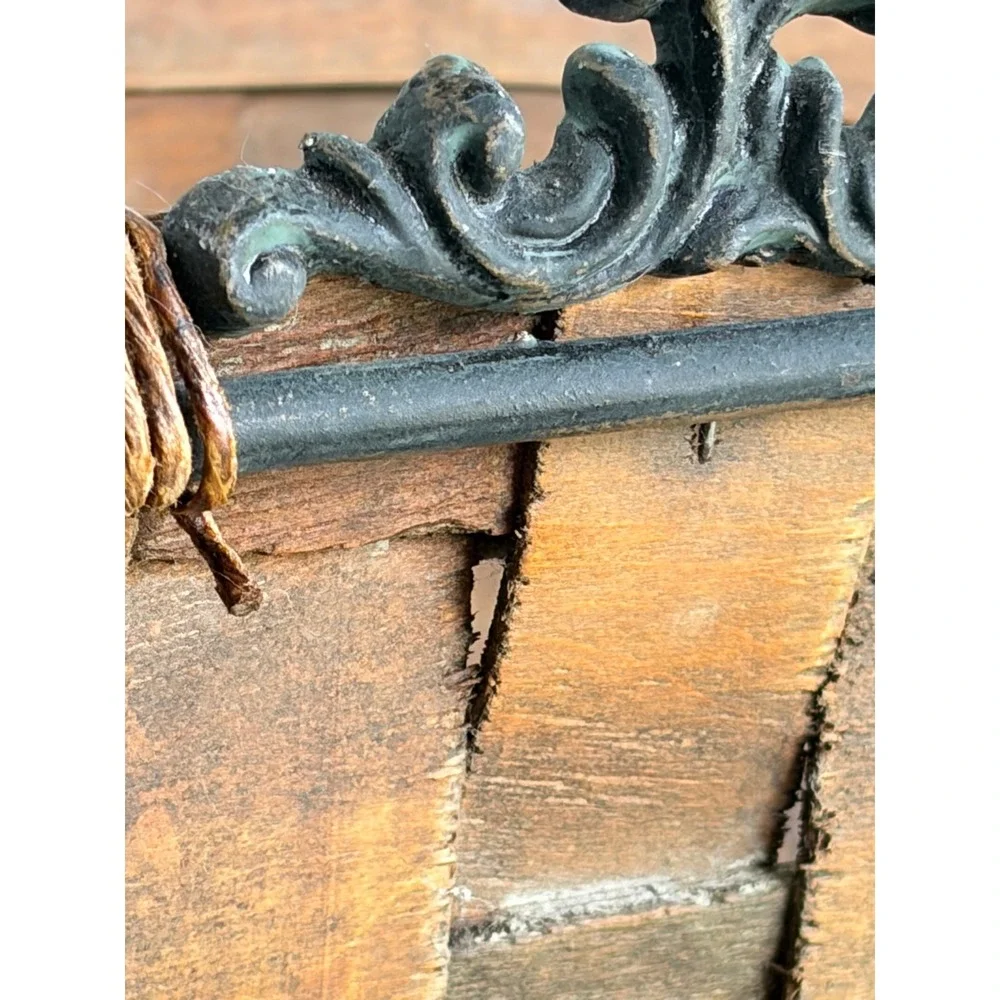 Vintage Woven Wood Splint Log Basket Wrought Iron Scrolled Frame Hearth Holder